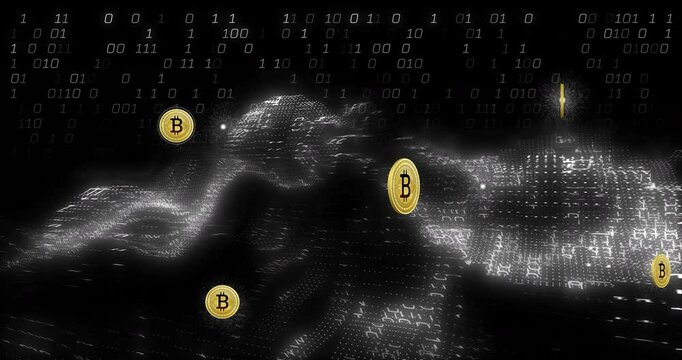 Animation of bitcoin currency icons financial data processing over binary coding