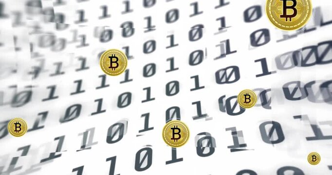 Animation of bitcoin currency icons financial data processing over binary coding