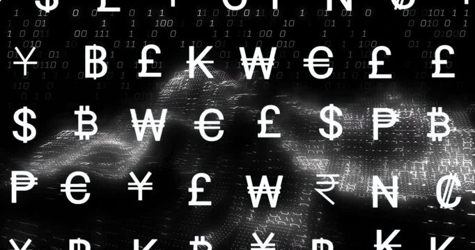 Animation of currency icons financial data processing over binary coding