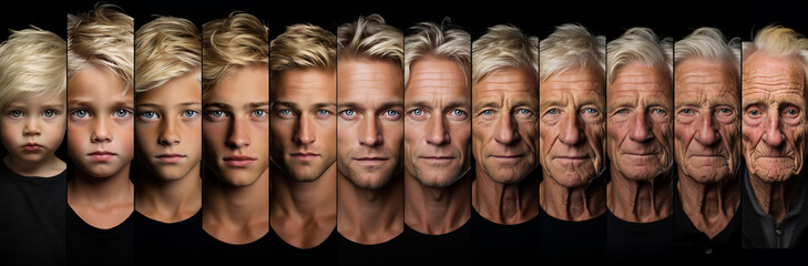 Collage portrays the gradual aging of a male, visually documenting the passage of time as he evolves from a vibrant young boy into a weathered elder, each stage reflecting the changes in his features 