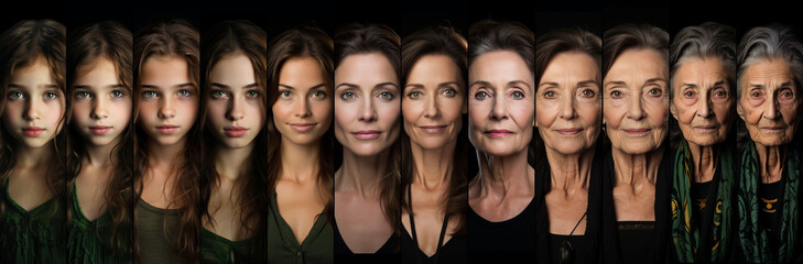This collage traces the transformation of a woman, visually depicting her graceful progression from innocence of youth to the wisdom of old age, with each stage capturing the subtle beauty of aging