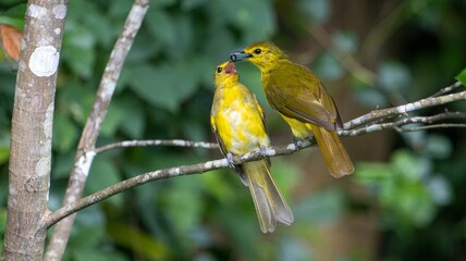 Yellow-browed bulbul feeding chick in forest