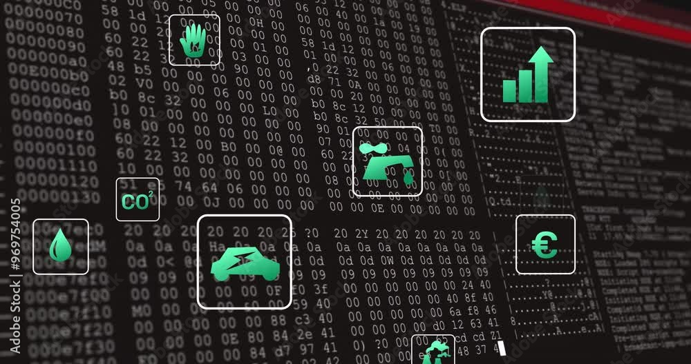 Poster animation of eco icons and digital data processing over computer servers