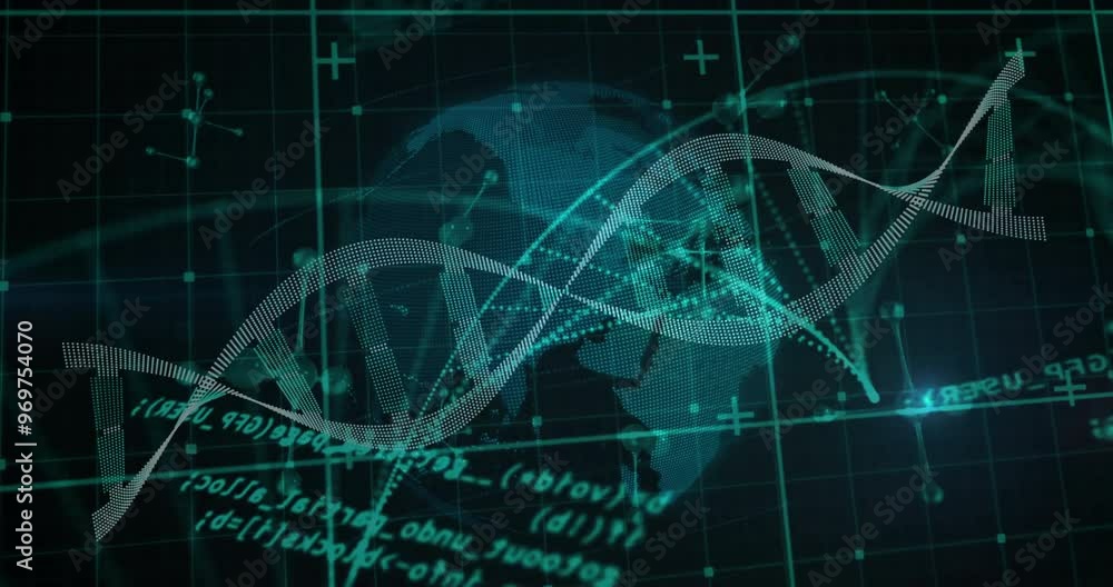 Poster animation of scientific data processing over dna strands on dark background