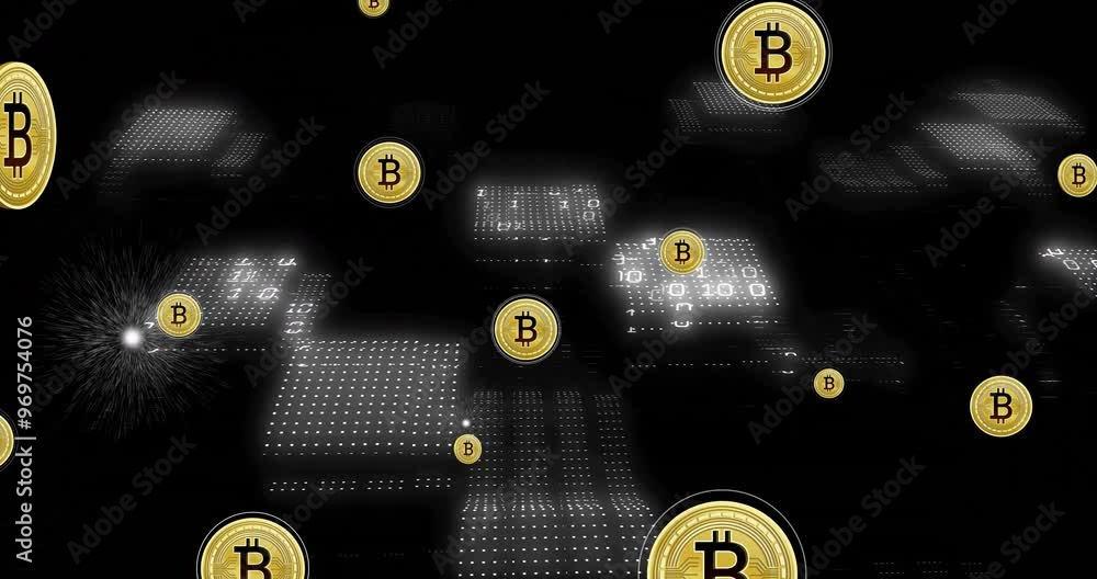Poster animation of bitcoin currency icons financial data processing over binary coding