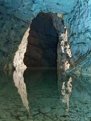 Natural cave with clear water reflections