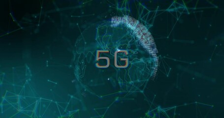 Animation of 5g text, connections and data processing over globe - Powered by Adobe
