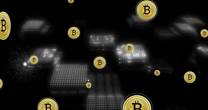 Animation of bitcoin currency icons financial data processing over binary coding
