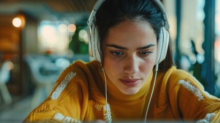 Obraz premium Focused Female in Headphones