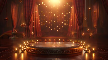 Circular podium placed in the center Diwali diyas hang in the background