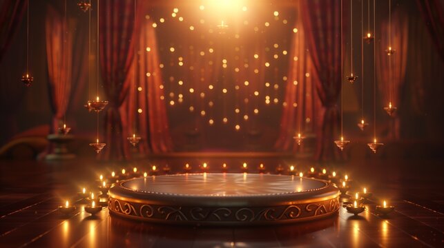 Circular podium placed in the center Diwali diyas hang in the background