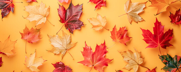 Top view of colourful autumnal maple leaves on yellow background. Banner and wallpaper concept.
