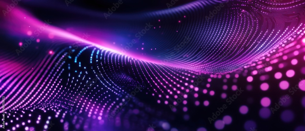 Poster futuristic abstract graphics purple particle digital wave formation background wallpaper ai generate