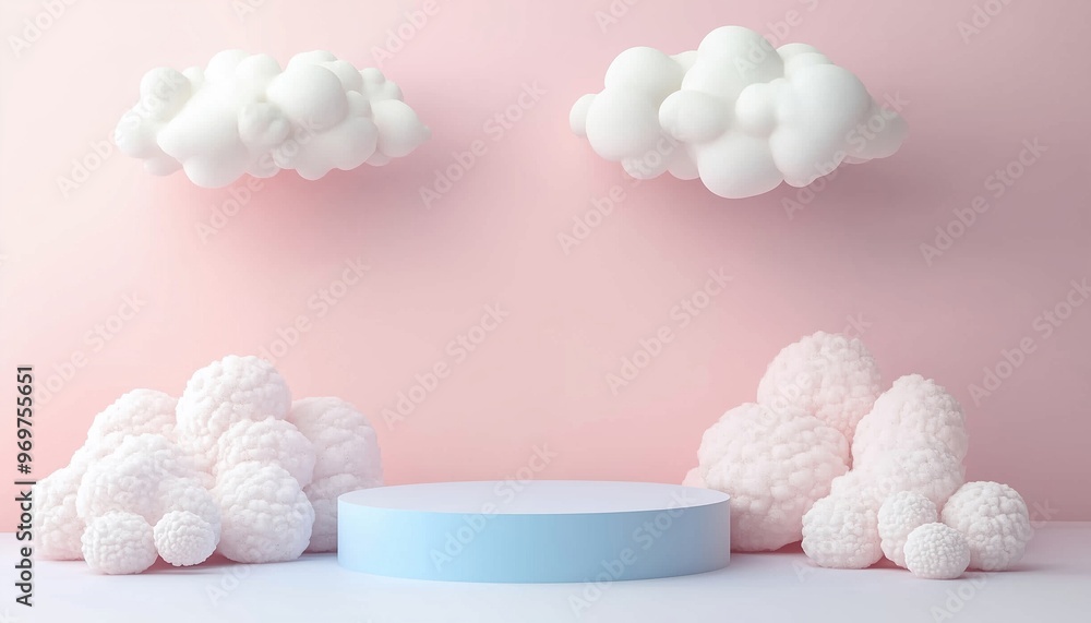 Poster pastel color background 3d rendering podium with clouds and weather, featuring empty space for child