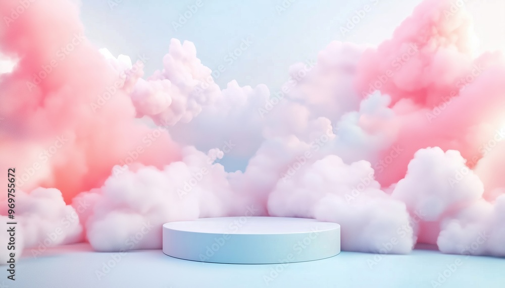 Poster pastel-colored 3d rendering podium with clouds and weather background, featuring empty space for kid