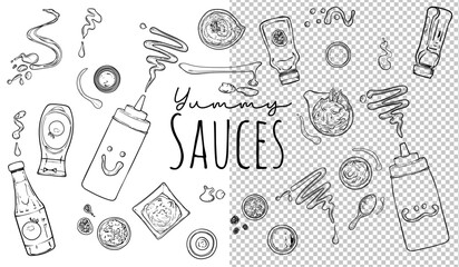 Vector outline hand drawn sauces. Top and side view of ketchup, tomato sauce, mustard, mayonnaise, tahini, barbecue sauce, hot sauce. Easy to edit and ready to use. 