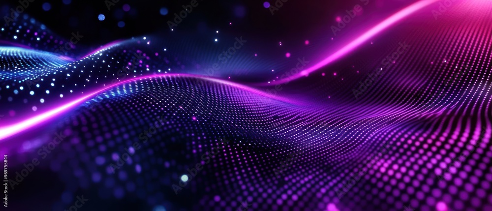 Poster futuristic abstract graphics purple particle digital wave formation background wallpaper ai generate