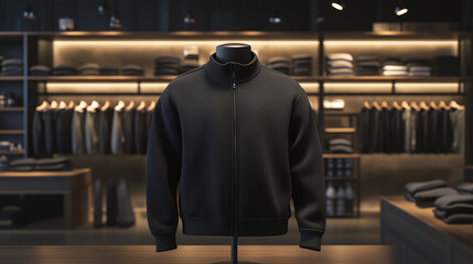 Mockup of a black zippered t-shirt in a shop, displayed on a mannequin, background of neat clothing racks and warm shop lighting, front view, Ai generated images