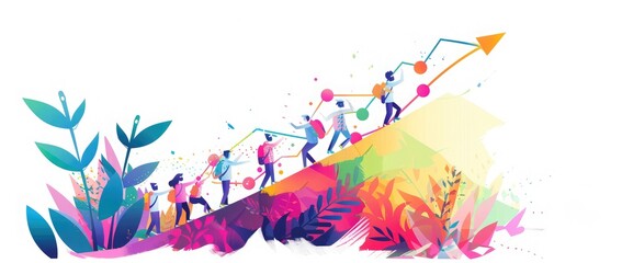 Business team working together to climb on the hill with a graph arrow pointing up, conveying a feeling of success
