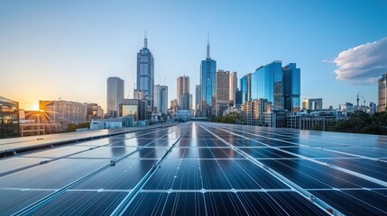 Fototapeta premium Solar panels installed on a rooftop in an urban environment capture sunlight, contributing to renewable energy, framed by a vibrant city skyline at sunset