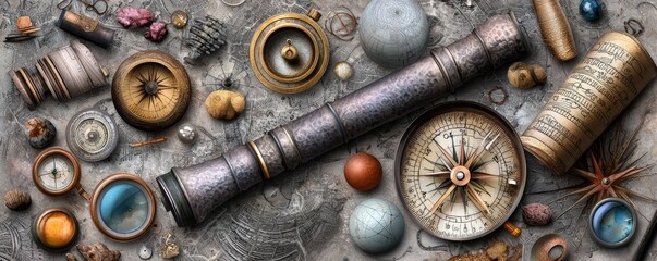 An elaborate engraving-style collage of Victorian scientific instruments like telescopes and compasses
