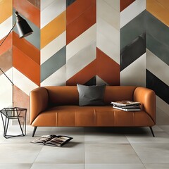 63. Modern chevron tiles with a mix of bold and muted colors for a dynamic look