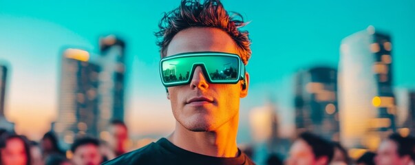 DJ with futuristic sunglasses, entertaining a rooftop crowd, upbeat music, and excitement