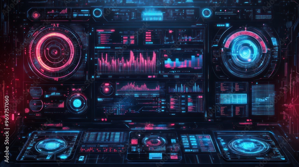 Poster technology digital style hud interface cyberpunk holographic display panel interface background wall