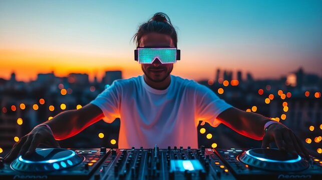 DJ with pixel sunglasses, hosting a rooftop EDM party, electrifying music, and lights