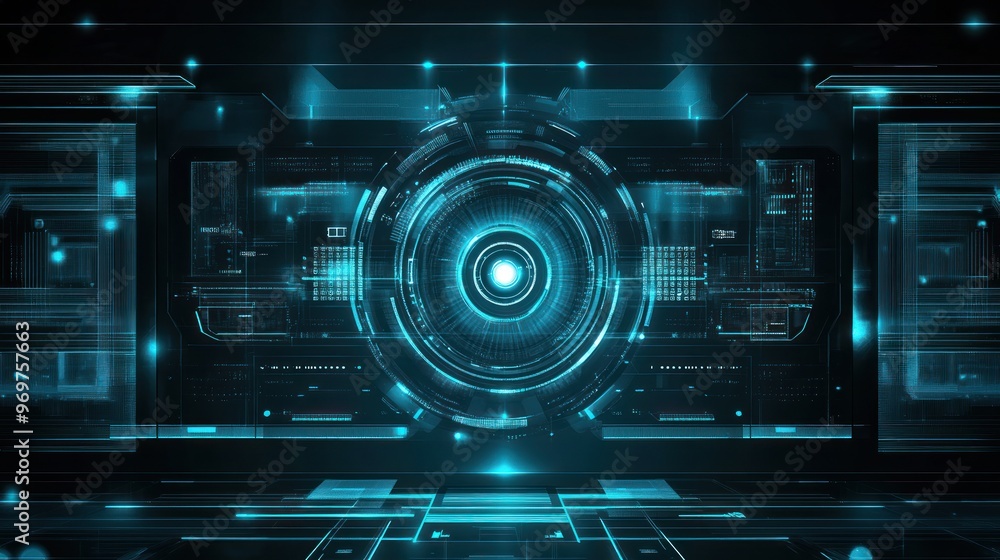 Poster technology digital style hud interface cyberpunk holographic display panel interface background wall