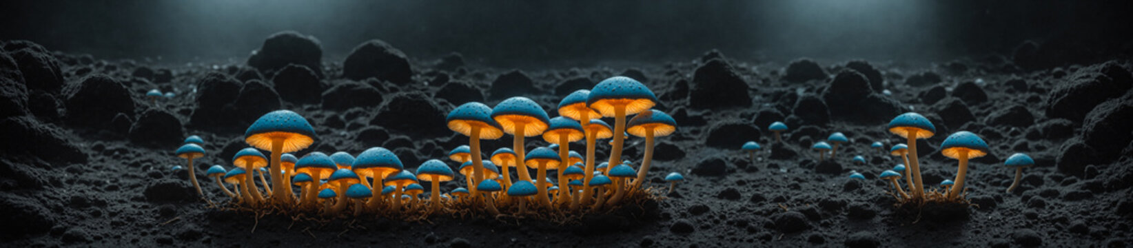 Psilocybin mushrooms with blue caps and yellow gills that glow brightly, grow in groups deep in the cave. Digital photorealistic illustration. The medicine of the future, a super cure, smart drug