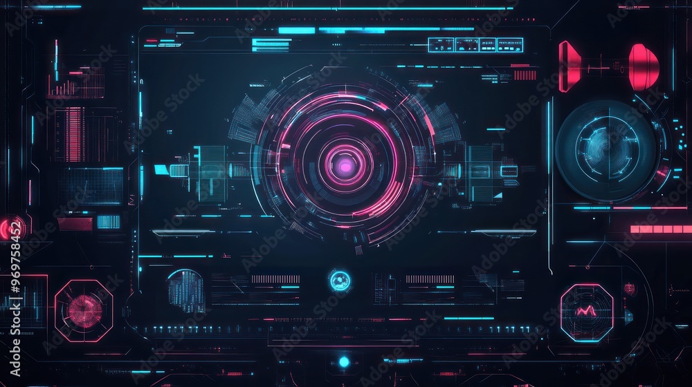 Poster technology digital style hud interface cyberpunk holographic display panel interface background wall