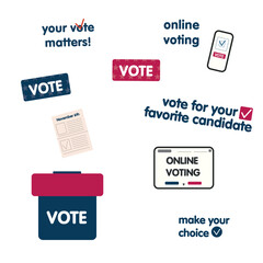 Online voting promotion with ballot box, smartphone, and various voting elements and slogans