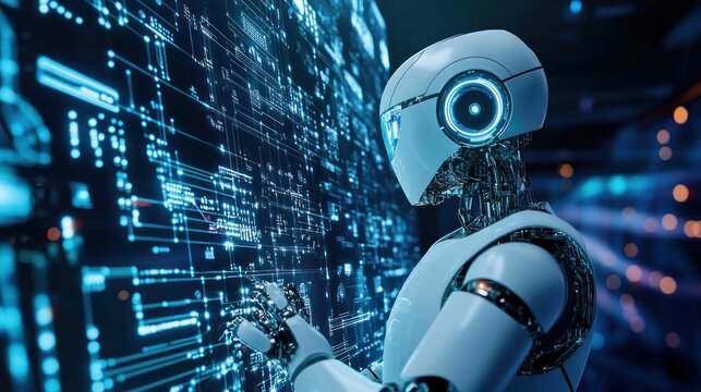 Design of a smart humanoid robot with artificial intelligence touching a hologram digital interface screen background wallpaper AI generated image