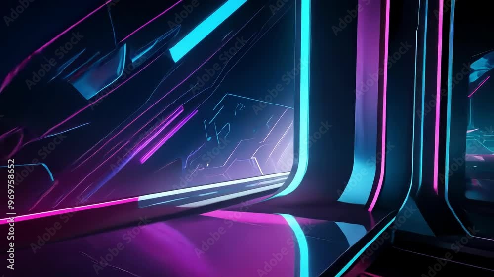 Poster a vibrant, futuristic space with neon lighting and abstract design elements, creating a dynamic, imm