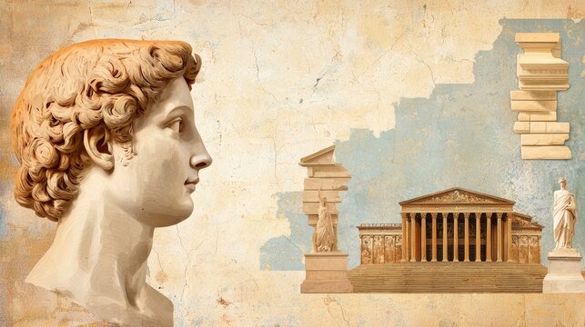 An art history collage, blending old engravings of famous works of art with historical scenes