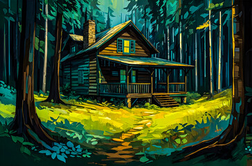 A single wooden cabin surrounded by abstract, hand-painted trees in a deep, dark forest vector art oil painting art illustration on a white background.
