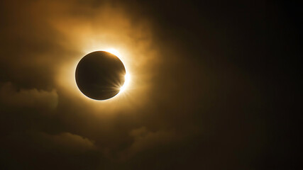 A total solar eclipse with the sun's corona glowing around the darkened moon, surrounded by a golden glow in a dramatic sky, selective focus

