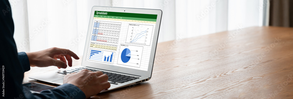 Poster spreadsheet document information financial startup concept. data and graphs in spreadsheet documents