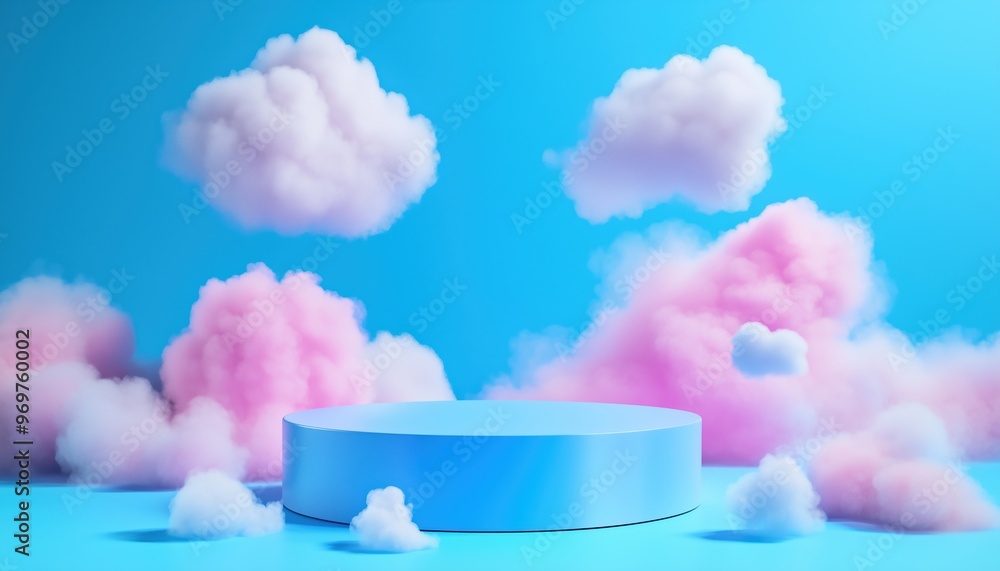 Poster colorful kid-style 3d rendering podium with clouds and weather background, providing empty space for