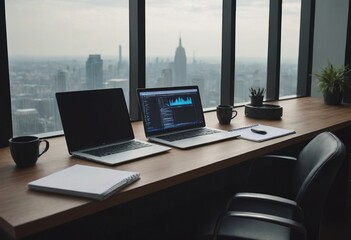A sleek laptop rests on a desk alongside a steaming cup of coffee