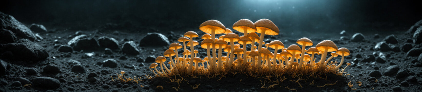 Orange psilocybin mushrooms,grow on a volvanic soil in groups in a specific volcanic microclimate. Digital photorealistic illustration. The medicine of the future, a super medicine, smart drug