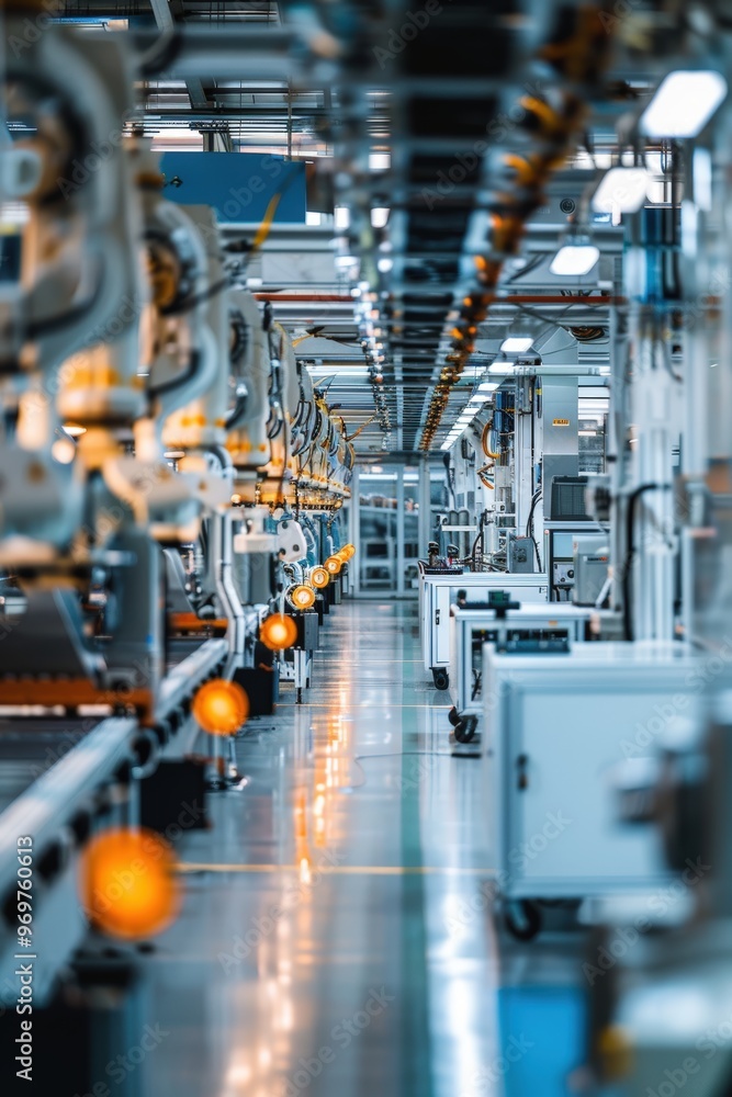 Poster automated factory with energy efficient machinery and robotics for high-tech manufacturing