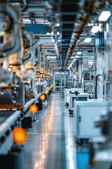 Automated Factory with Energy Efficient Machinery and Robotics for High-Tech Manufacturing