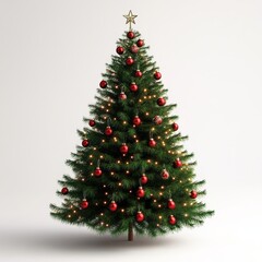 Beautifully decorated Christmas tree with red ornaments and lights on a white background