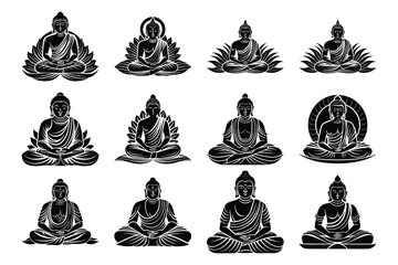Set of Buddha Icon - Silhouette SVG and PNG Clipart with Transparent Background 