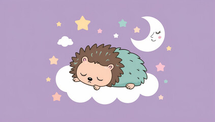 Fototapeta premium Little cartoon hedgehog sleeping on a cloud, flat design illustration
