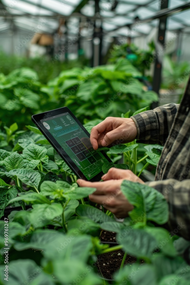 Poster farmer using tablet for energy efficient system control in high-tech greenhouse setting