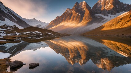 serene mountain landscape, crystal-clear lake, lake reflecting mountains, snow-covered peaks, mountain scenery, tranquil nature, peaceful mountains, alpine landscape, lake reflection, scenic mountain 