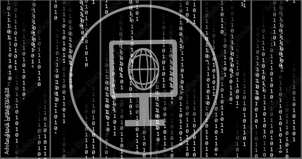 Poster computer monitor with globe icon animation over binary code background